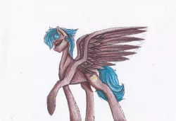 Size: 1297x886 | Tagged: safe, artist:penrosa, derpibooru import, oc, unofficial characters only, pegasus, pony, eyes closed, image, pegasus oc, png, raised hoof, simple background, solo, traditional art, white background, wings