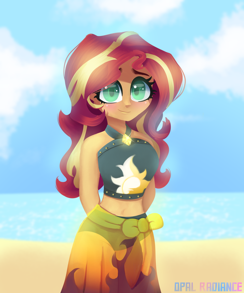 Size: 2669x3200 | Tagged: safe, artist:opal_radiance, derpibooru import, sunset shimmer, equestria girls, arm behind back, clothes, cute, image, looking at you, png, shimmerbetes, speedpaint, swimsuit