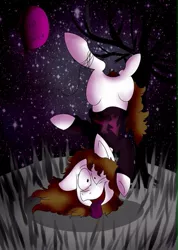 Size: 685x960 | Tagged: safe, artist:millefaller, derpibooru import, oc, unofficial characters only, earth pony, pony, :p, balloon, dead tree, earth pony oc, featureless crotch, female, grass, image, jpeg, mare, night, outdoors, silly, solo, stars, tongue out, tree, upside down