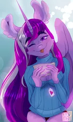 Size: 1500x2500 | Tagged: safe, artist:artfestation, derpibooru import, princess cadance, alicorn, anthro, :p, clothes, ear fluff, female, image, one eye closed, png, smiling, solo, tongue out, wink