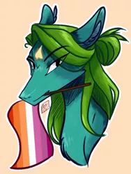Size: 1536x2048 | Tagged: safe, artist:artfestation, derpibooru import, oc, unofficial characters only, earth pony, pony, bust, ear fluff, earth pony oc, image, lesbian pride flag, mouth hold, orange background, png, pride, pride flag, signature, simple background, solo