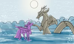 Size: 2500x1500 | Tagged: safe, artist:artfestation, derpibooru import, discord, twilight sparkle, alicorn, draconequus, pony, discolight, female, full moon, horn, image, male, mare, moon, outdoors, png, shipping, straight, walking on water, wings