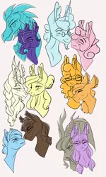 Size: 1500x2500 | Tagged: safe, artist:artfestation, derpibooru import, applejack, discord, fluttershy, pinkie pie, princess ember, rainbow dash, rarity, twilight sparkle, draconequus, pony, siren, bust, discolight, emberity, female, glasses, image, lesbian, limited palette, male, mane six, mare, partial color, png, shipping, simple background, stallion, straight