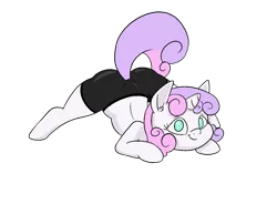 Size: 1300x955 | Tagged: suggestive, artist:happy harvey, derpibooru import, sweetie belle, pony, unicorn, ass up, clothes, colored pupils, drawn on phone, ear fluff, face down ass up, female, filly, image, jacko challenge, meme, png, raised tail, shorts, simple background, spandex, spread legs, spreading, tail, transparent background