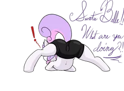 Size: 1300x955 | Tagged: suggestive, artist:happy harvey, derpibooru import, sweetie belle, pony, unicorn, ass up, belly button, butt, cameltoe, clothes, cursive writing, dialogue, drawn on phone, exclamation point, face down ass up, female, filly, flexible, image, jacko challenge, meme, offscreen character, png, raised tail, rear view, shorts, simple background, spandex, spread legs, spreading, stretching, tail, transparent background