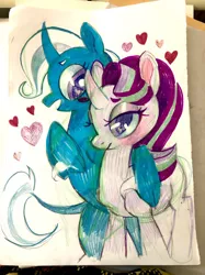 Size: 500x667 | Tagged: safe, artist:radfrankie, derpibooru import, starlight glimmer, trixie, classical unicorn, pony, unicorn, cloven hooves, curved horn, female, heart, horn, image, jpeg, leonine tail, lesbian, shipping, startrix, traditional art, unshorn fetlocks