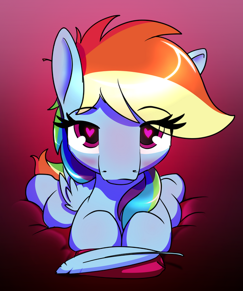 Size: 800x960 | Tagged: safe, artist:dacaoo, derpibooru import, rainbow dash, pegasus, pony, blushing, eyebrows, eyebrows visible through hair, feather, heart eyes, image, looking at you, lying down, png, prone, solo, wingding eyes