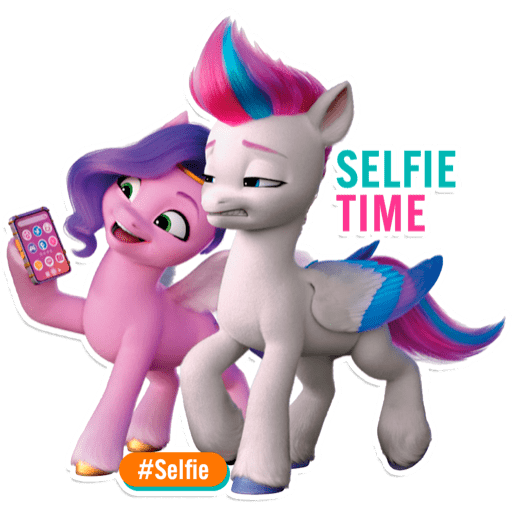 Size: 512x512 | Tagged: safe, derpibooru import, official, pipp petals, zipp storm, pegasus, pony, my little pony: a new generation, cringing, dairy queen, female, g5, hashtag, image, mare, mobile phone, phone, png, siblings, simple background, sisters, smartphone, sticker, text, transparent background, unamused, zipp is not amused