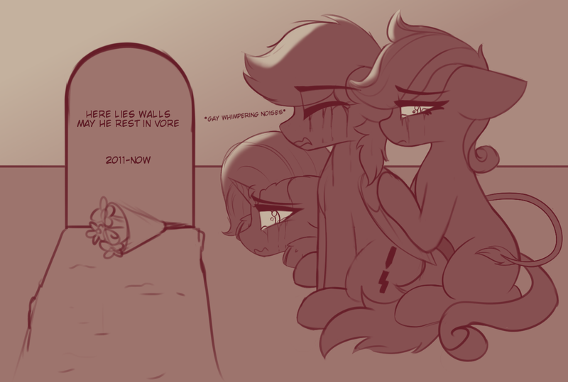 Size: 1406x948 | Tagged: safe, artist:shepardinthesky, derpibooru import, oc, oc:lyrabop, oc:shepard, oc:stillwater, oc:yodi, crying, grave, gravestone, hug, image, implied oc, png, sad, sketch