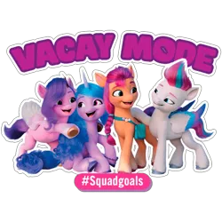 Size: 512x512 | Tagged: safe, derpibooru import, official, izzy moonbow, pipp petals, sunny starscout, zipp storm, earth pony, pegasus, pony, unicorn, my little pony: a new generation, bag, dairy queen, female, g5, hashtag, image, mare, png, satchel, sticker, text