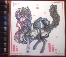 Size: 959x833 | Tagged: safe, artist:tenebristayga, derpibooru import, oc, oc:winter eclipse, pony, unicorn, cat tail, clothes, fluffy, image, jpeg, long hair, maid, maid headdress, socks, solo, stockings, thigh highs, traditional art