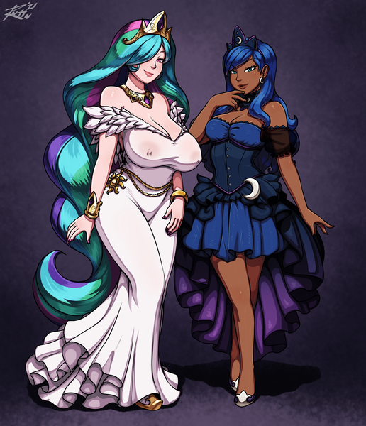 Size: 4300x5000 | Tagged: questionable, alternate version, artist:revtilian, derpibooru import, kotobukiya, princess celestia, princess luna, human, areola outline, beautiful, big breasts, bishoujo, breasts, busty princess celestia, clothes, commission, dark skin, duo, duo female, erect nipples, female, huge breasts, humanized, image, nipple outline, png, see-through