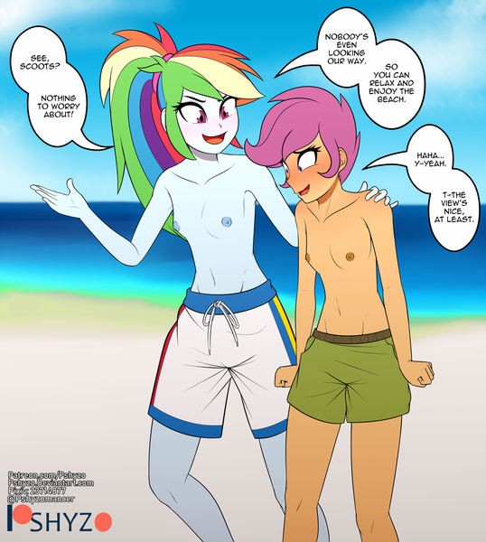 Size: 1419x1584 | Tagged: questionable, artist:pshyzomancer, derpibooru import, rainbow dash, scootaloo, human, equestria girls, adonis belt, adorasexy, blushing, breasts, cute, cutealoo, dashabetes, delicious flat chest, embarrassed, exhibitionism, image, male swimwear challenge, nipples, nudity, png, public nudity, rainbow flat, scootaflat, sexy, swim trunks