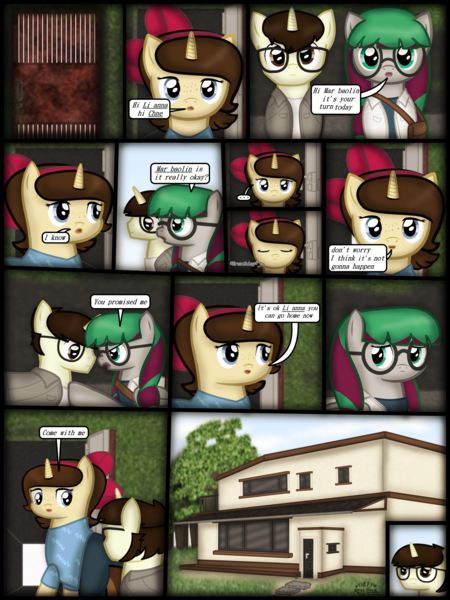 Size: 1750x2333 | Tagged: safe, artist:99999999000, derpibooru import, oc, oc:cwe, oc:li anna, oc:mar baolin, unofficial characters only, pegasus, pony, unicorn, comic:visit, clothes, comic, female, glasses, house, image, male, png, tree