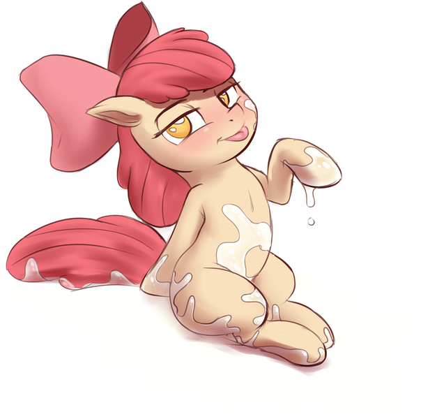 Size: 2632x2615 | Tagged: questionable, artist:crade, ponybooru import, apple bloom, earth pony, pony, blushing, drenched, female, filly, foal, foalcon, image, milk, png, simple background, solo, tongue out, underage, white background