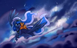 Size: 2000x1250 | Tagged: safe, artist:its-gloomy, derpibooru import, princess luna, oc, oc:fireheart, alicorn, cloud, foal, image, night, night sky, pegabat, png, sky