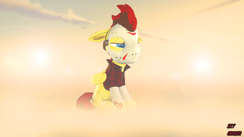 Size: 1920x1080 | Tagged: safe, artist:sky chaser, derpibooru import, oc, oc:sky chaser, unofficial characters only, pegasus, pony, wolf, wolf pony, 3d, clothes, ear down, ear fluff, hockey mask, image, jacket, male, mask, png, solo, source filmmaker, tattoo