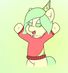 Size: 2550x2717 | Tagged: safe, artist:sparkfler85, derpibooru import, oc, oc:yellow mash, unofficial characters only, earth pony, pony, bipedal, clothes, derpibooru exclusive, hat, image, male, open mouth, party hat, png, raised hoof, raised hooves, simple background, solo, sweater