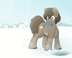 Size: 2379x1914 | Tagged: safe, artist:czu, derpibooru import, oc, unnamed oc, unofficial characters only, fish, pony, taiga pony, /mlp/, 4chan, chest fluff, female, fishing, ice, ice fishing, igloo, image, male, mare, mouth hold, png, solo