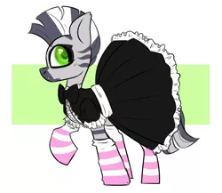 Size: 1262x1096 | Tagged: safe, artist:silvexxx01, derpibooru import, oc, oc:zebra north, unofficial characters only, zebra, clothes, crossdressing, dress, femboy, girly, image, maid, male, outfit, png, skirt, socks, solo, stallion, striped socks, zebra femboy, zebra oc, zebra subjugation, zebrasub