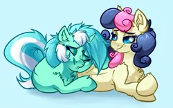 Size: 4000x2500 | Tagged: safe, artist:witchtaunter, derpibooru import, bon bon, lyra heartstrings, sweetie drops, earth pony, pony, unicorn, butt pillow, chest fluff, cute, ear fluff, female, hug, image, lesbian, lyrabetes, lyrabon, png, shipping, shoulder fluff, simple background, sleeping, smiling