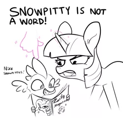 Size: 2250x2250 | Tagged: safe, artist:tjpones, derpibooru import, rarity, spike, twilight sparkle, dragon, pony, unicorn, black and white, dialogue, female, grayscale, hand, high res, image, magazine, magic, magic hands, male, mare, monochrome, neo noir, partial color, png, simple background, snowpity, unicorn twilight, white background