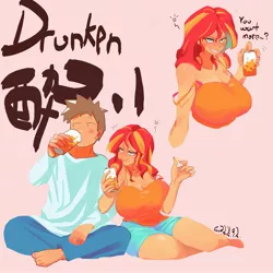 Size: 3000x3000 | Tagged: safe, artist:sozglitch, derpibooru import, sunset shimmer, oc, oc:generic messy hair anime anon, human, alcohol, big breasts, blushing, breasts, busty sunset shimmer, clothes, drink, drinking, female, huge breasts, humanized, image, japanese, jpeg, male, moon runes, pink background, shorts, simple background