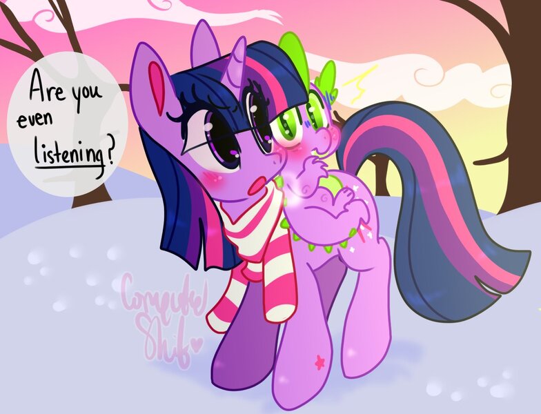 Size: 1200x918 | Tagged: safe, artist:computershit, derpibooru import, spike, twilight sparkle, dragon, pony, unicorn, breath, clothes, cloud, hoof marking, image, jpeg, looking at you, scarf, snow, speech bubble, sunset, tree, unicorn twilight, wingless spike, winter