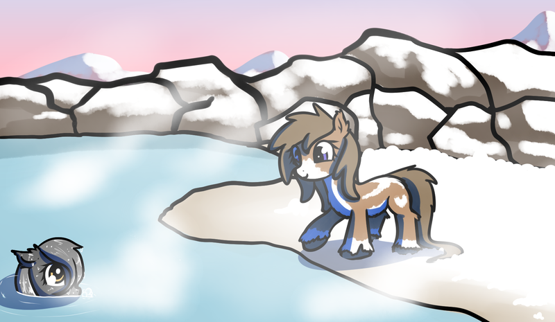 Size: 1737x1010 | Tagged: safe, artist:neuro, derpibooru import, oc, unofficial characters only, pony, taiga pony, female, hot springs, image, mare, mountain, png, rock, snow, water