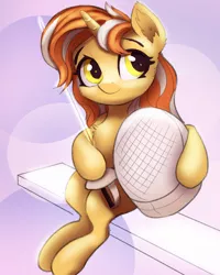 Size: 1025x1280 | Tagged: safe, artist:ahobobo, derpibooru import, oc, oc:cinderheart, unofficial characters only, pony, unicorn, abstract background, bench, chest fluff, cute, ear fluff, female, fencing, golden eyes, helmet, image, jpeg, mare, sitting, solo, style emulation, sword, weapon