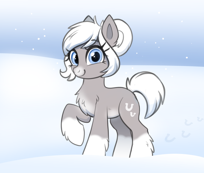 Size: 2540x2160 | Tagged: safe, artist:confetticakez, derpibooru import, oc, oc:snow shoes, unofficial characters only, pony, taiga pony, chest fluff, female, hoof fluff, image, looking at you, mare, png, raised hoof, smiling, smiling at you, snow, solo