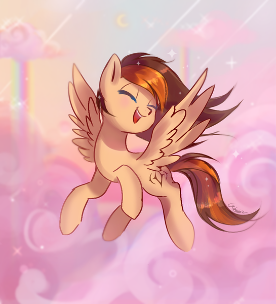 Size: 1000x1100 | Tagged: safe, artist:finlywhisk, derpibooru import, oc, oc:aerion featherquill, unofficial characters only, pegasus, pony, cloud, commission, eyes closed, female, flying, happy, image, mare, png, rainbow, scenery, solo, wings, ych result