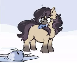 Size: 1052x870 | Tagged: safe, artist:somefrigginnerd, derpibooru import, oc, unofficial characters only, fish, pony, seal, taiga pony, chest fluff, eyebrows, eyebrows visible through hair, female, fishing, ice, ice fishing, image, jpeg, looking at each other, looking down, looking up, mare, mouth hold, snow