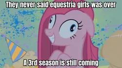 Size: 1366x768 | Tagged: safe, edit, edited screencap, screencap, pinkie pie, pony, party of one, bipedal, caption, contemplating insanity, crazy face, cross-eyed, derp, faic, female, floppy ears, hat, image, image macro, jpeg, losing my mind, mare, party hat, pinkamena diane pie, save equestria girls, solo, text