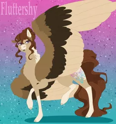 Size: 2228x2384 | Tagged: safe, artist:inisealga, derpibooru import, fluttershy, pegasus, pony, abstract background, alternate design, chest fluff, coat markings, female, fluffy, gradient background, image, jpeg, mare, markings, neck fluff, redesign, socks (coat marking), solo, spread wings, twitterina design, wing fluff, wings