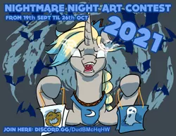 Size: 1167x905 | Tagged: safe, artist:firelorda2, derpibooru import, oc, oc:orenda azure, unofficial characters only, bat, pony, unicorn, bag, candy bag, contest, discord (program), glow, glowing eyes, hoof hold, image, link in description, nightmare night, png, sombra eyes
