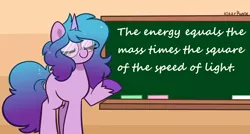 Size: 1280x686 | Tagged: safe, artist:kittyrosie, derpibooru import, edit, izzy moonbow, g5, chalk, chalkboard, cute, e=mc^2, exploitable meme, glasses, image, izzybetes, meme, png, signature, text