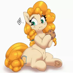 Size: 3329x3312 | Tagged: safe, artist:pabbley, derpibooru import, pear butter, earth pony, pony, belly button, butt, clothes, cookie, eating, female, food, freckles, frog (hoof), holding, image, jpeg, looking down, mare, plot, simple background, sitting, solo, underhoof, underwear, white background