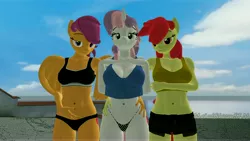 Size: 9600x5400 | Tagged: suggestive, artist:metalstormsfm, derpibooru import, apple bloom, scootaloo, sweetie belle, anthro, earth pony, pegasus, unicorn, 3d, belly button, bra, breasts, clothes, crop top bra, daisy dukes, female, image, jpeg, panties, shorts, source filmmaker, thong, trio, trio female, underwear