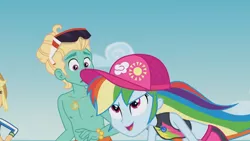 Size: 3410x1920 | Tagged: safe, derpibooru import, screencap, applejack, rainbow dash, zephyr breeze, blue crushed, equestria girls, equestria girls series, applejack's hat, cowboy hat, female, geode of super speed, hat, high res, image, jewelry, jpeg, magical geodes, male, midriff, necklace, offscreen character, open mouth