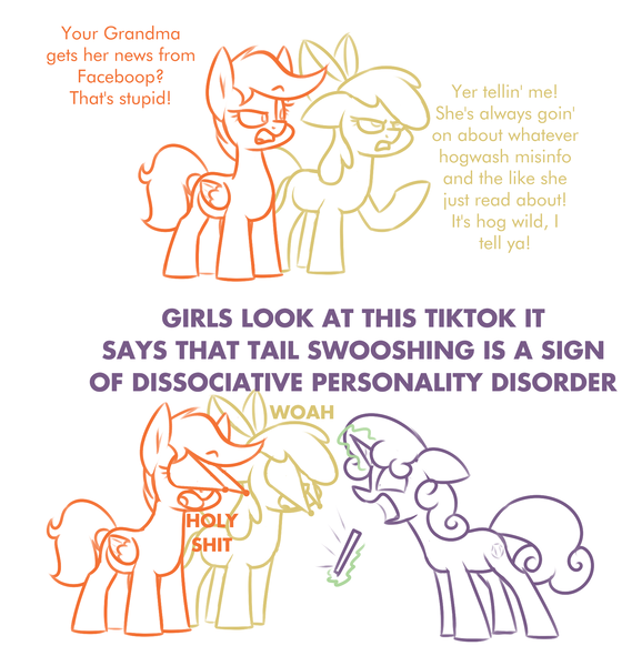 Size: 1752x1849 | Tagged: safe, artist:moonatik, derpibooru import, apple bloom, scootaloo, sweetie belle, earth pony, pegasus, pony, unicorn, bow, cutie mark crusaders, dialogue, facebook, female, filly, hair bow, hypocrisy, hypocritical humor, image, implied granny smith, magic, phone, png, sketch, text, tiktok, vulgar
