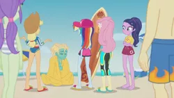 Size: 3410x1920 | Tagged: safe, derpibooru import, screencap, applejack, fluttershy, rainbow dash, zephyr breeze, blue crushed, equestria girls, equestria girls series, applejack's hat, barefoot, beach, clothes, cowboy hat, crossed arms, eyes closed, feet, female, hairpin, hat, high res, image, jpeg, male, sandals, surfboard, swimsuit, wet hair