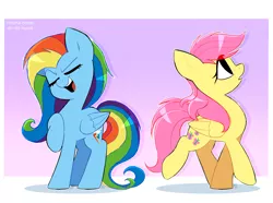 Size: 3142x2338 | Tagged: safe, artist:syrupyyy, derpibooru import, part of a set, fluttershy, rainbow dash, pegasus, pony, alternate hairstyle, cute, duo, female, gradient background, image, mane swap, mare, open mouth, png, raised hoof, redraw, smiling, tail swap
