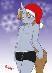 Size: 3000x4200 | Tagged: suggestive, artist:punk-pegasus, derpibooru import, oc, oc:littlepip, unofficial characters only, anthro, fallout equestria, black underwear, blushing, boxer briefs, christmas, clothes, holiday, image, male, png, rule 63, solo, solo male, underwear