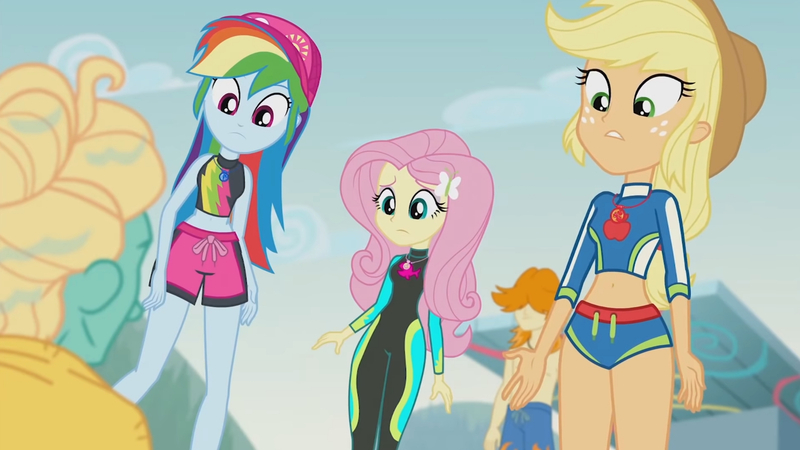 Size: 3410x1920 | Tagged: safe, derpibooru import, screencap, applejack, fluttershy, rainbow dash, zephyr breeze, blue crushed, equestria girls, equestria girls series, applejack's hat, belly button, clothes, cowboy hat, female, geode of fauna, geode of super speed, geode of super strength, hairpin, hat, high res, image, jewelry, jpeg, magical geodes, male, midriff, necklace, swimsuit, wet hair