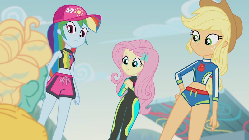 Size: 3410x1920 | Tagged: safe, derpibooru import, screencap, applejack, fluttershy, rainbow dash, zephyr breeze, blue crushed, equestria girls, equestria girls series, applejack's hat, belly button, clothes, cowboy hat, female, geode of fauna, geode of super speed, geode of super strength, hairpin, hat, high res, image, jewelry, jpeg, magical geodes, male, midriff, necklace, swimsuit, wet hair