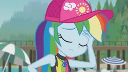 Size: 3410x1920 | Tagged: safe, derpibooru import, screencap, rainbow dash, blue crushed, equestria girls, equestria girls series, beach, cap, eyes closed, female, geode of super speed, hat, high res, image, jewelry, jpeg, magical geodes, necklace, solo