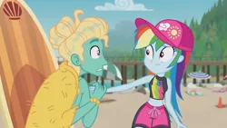 Size: 3410x1920 | Tagged: safe, derpibooru import, screencap, rainbow dash, zephyr breeze, blue crushed, equestria girls, equestria girls series, beach, belly button, cap, female, geode of super speed, hat, high res, image, jewelry, jpeg, magical geodes, male, necklace, wet hair
