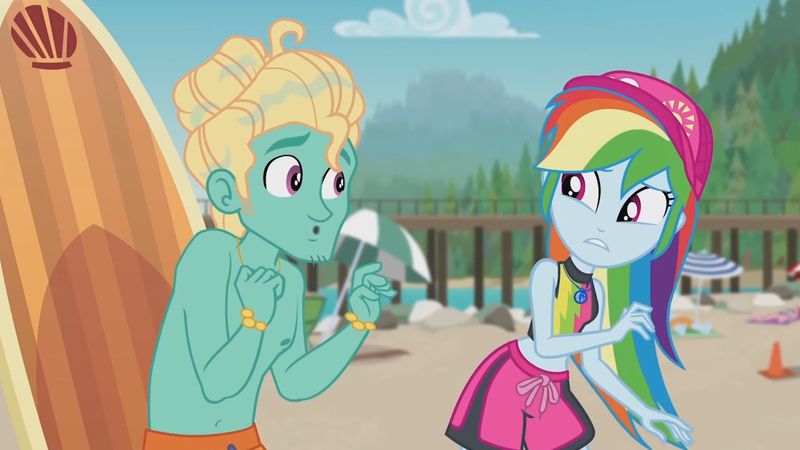 Size: 3410x1920 | Tagged: safe, derpibooru import, screencap, gladys, rainbow dash, zephyr breeze, blue crushed, equestria girls, equestria girls series, :o, beach, belly button, cap, female, geode of super speed, hat, high res, image, jewelry, jpeg, magical geodes, male, necklace, open mouth, wet hair