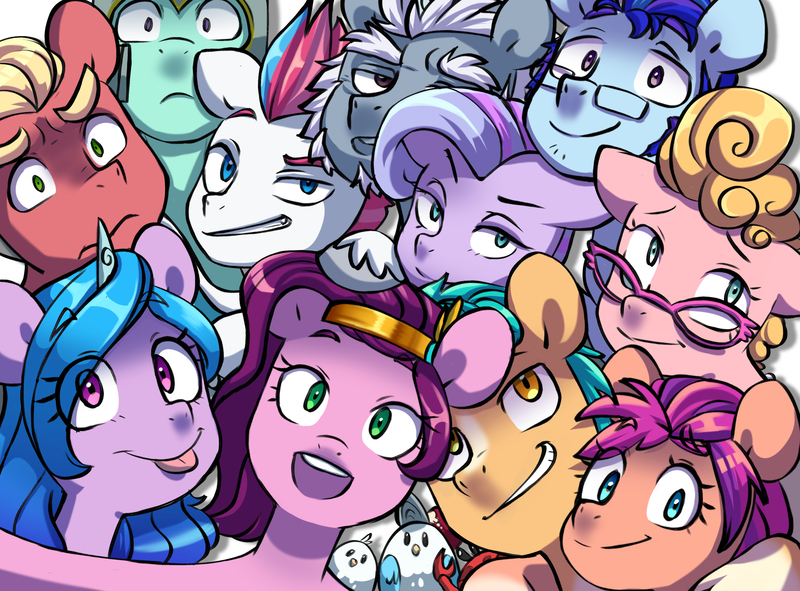 Size: 2730x2016 | Tagged: safe, alternate version, artist:chub-wub, derpibooru import, alphabittle (g5), hitch trailblazer, izzy moonbow, phyllis cloverleaf, pipp petals, queen haven, sprout cloverleaf, sunny starscout, zipp storm, bird, crab, earth pony, pegasus, pony, seagull, unicorn, g5, :p, argyle starshine, cute, father and child, father and daughter, female, glasses, grin, hug, image, jpeg, male, mane five (g5), mare, markings, mother and child, mother and daughter, selfie, siblings, sisters, smiling, stallion, tongue out, twins, unshorn fetlocks